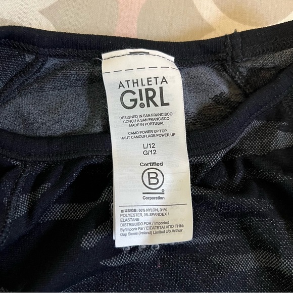 ATHLETA GIRL Black Gray Camouflage Camo Power Up Seamless Thumbhole Top Large - Picture 11 of 12